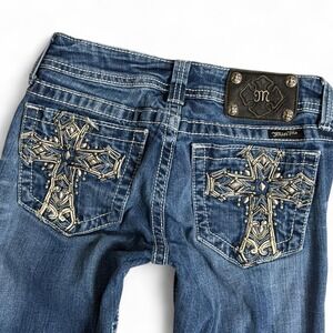 Vintage Y2K Miss Me Low Rise Skinny Jeans Rhinestone Embellished Women's Blue